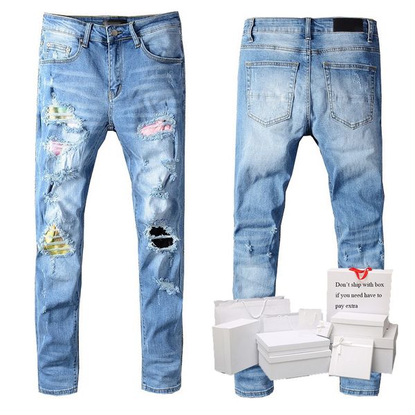 

мода мужские джинсы горячие продажи лоскутная брюки уличная одежда полосатая разорванная дыра мужская сплошная синие джинсовые штаны, Blue