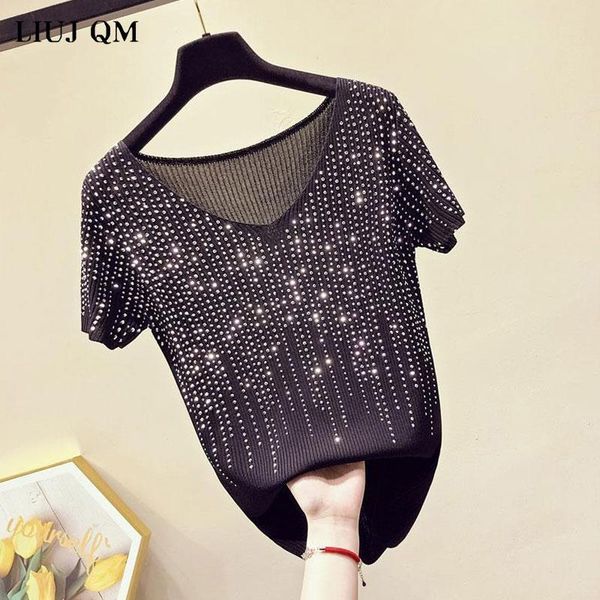 

2021 summer new ice silk sweater women's t-shirt plus size loose heavy industry drilling v-neck t shirt women's thin top, White