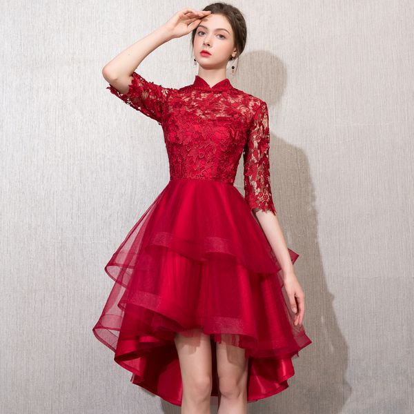 

Robe de soiree Lace Slim vestido de festa evening dress with Appliques Short Front Long Back Party Dress Prom formal dresses, Wine red