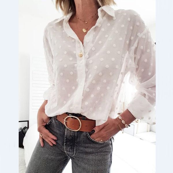 

2021 new white polka dot shirt women spring long sleeve perspective female button comfy turn down collar blouse 5v5p