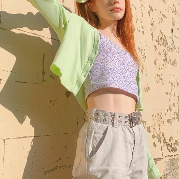 

2020 e-girl spaghetti strap floral graphic cropped y2k fashion print backless purple camis chic summer cute tank, White