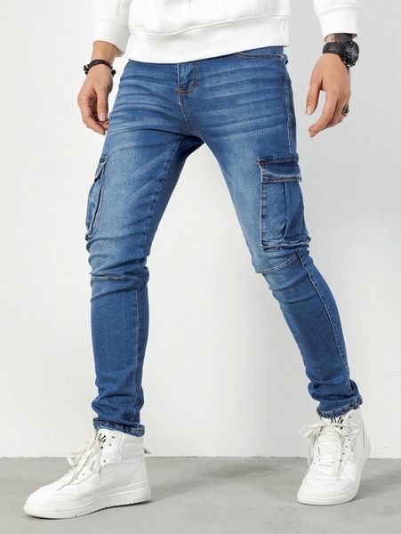 

men bleach wash flap pocket side skinny jeans v1wa#, Blue