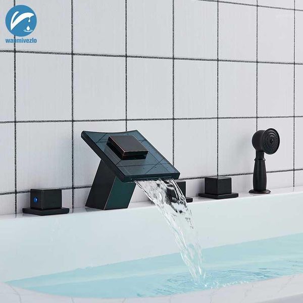 

black bronze 5pcs waterfall bathtub faucet brass waterfall bathroom faucet 3 handles mixer tap torneiras pull out handshower1