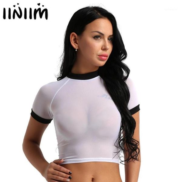 

iiniim femme womens fashion mesh see through sheer short sleeve crop casual cocktail party clubwear t-shirt1, White