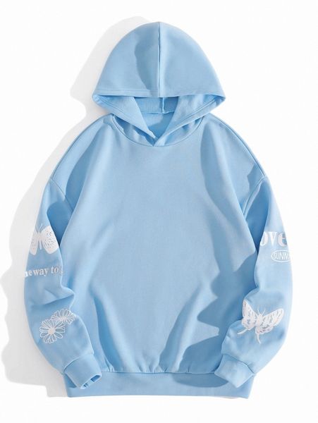 

slogan & butterfly print thermal hoodie 17z9#, White;black