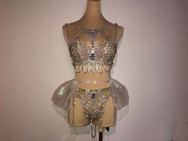 

stage wear flashing silver rhinestones chain bra short skirt outfit set women singer dance prom bar, Black;red