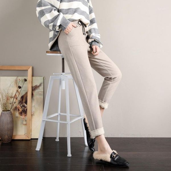 

2020 autumn new women elastic woolen pant female plus size casual trousers black harem pants winter wool ankle-length pants1, Black;white