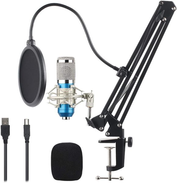 Microfone de condensador de podcast 192khz / 24bit, kit profissional de microfone cardioid com braço de boom, montagem de choque, filtro pop e pára-brisas (azul)