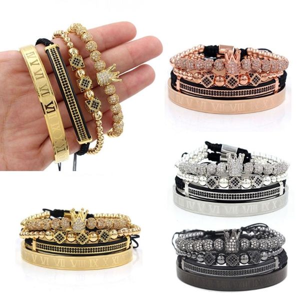 

charm bracelets 4 pcs imperial crown king bracelet luxury roman numeral pave cz zircon bangle for men women jewelry, Golden;silver