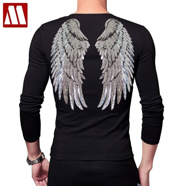 

nightclub stylish fashion angel wings embroidery slim fit mens long sleeve paillette t-shirts punk style streetwear men t shirts, White;black