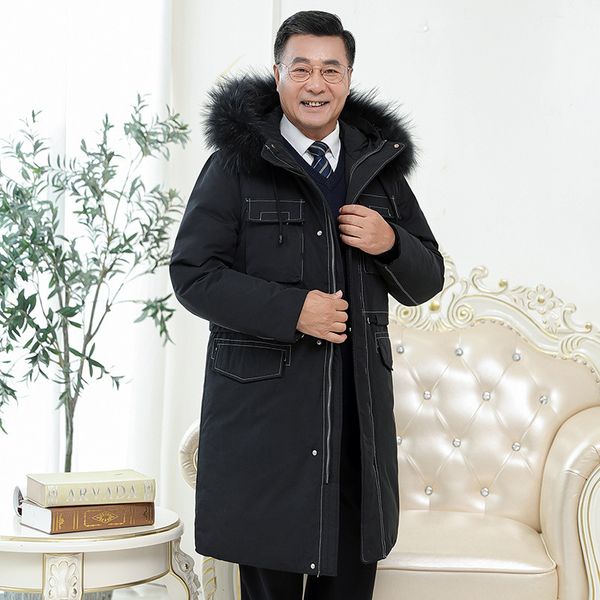 

down jacket men's middle and long 2020 new winter white duck down coat warm hooded middle aged and old dad's coat q1209, Black