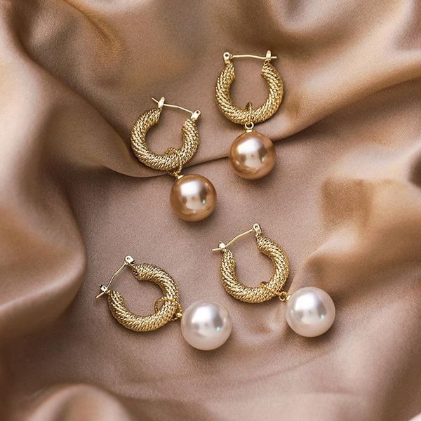 

2021 new trend champagne gold pearl drop earrings french retro senior geometric metal temperament korean women earrings jewelry, Silver