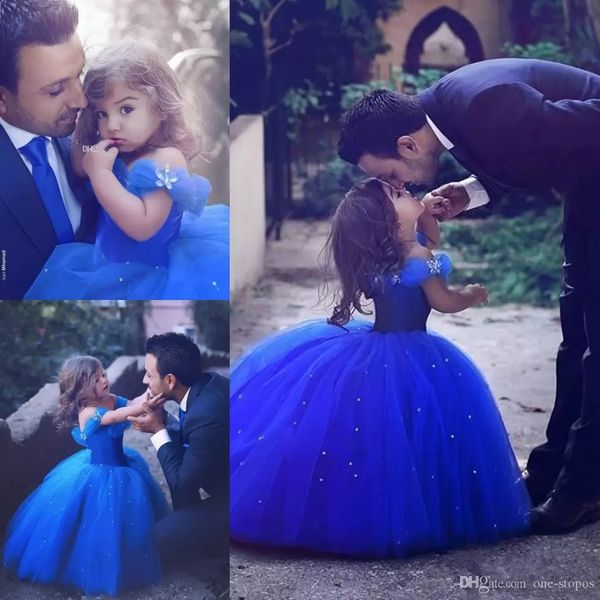 

new royal blue floor length tulle ball gowns little girls pageant dresses off shoulder puffy beaded flower girl gown kids princess dress, White;blue