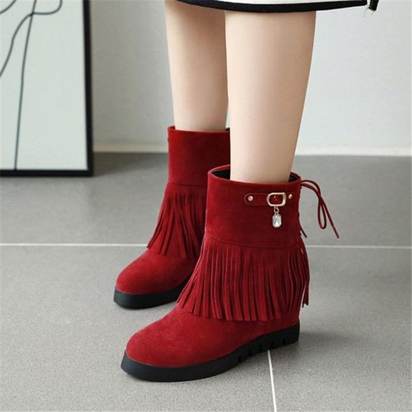 

boots pxelena crystal hidden high heels fringe ankle ladies shoes faux suede 2021 winter tassel women plus size 34-43, Black