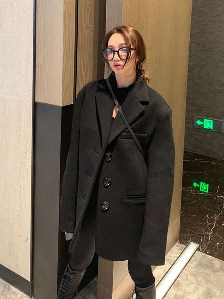 

south korea's new 80 thickened loose silhouette suit collar wool overcoat women's short, White;black