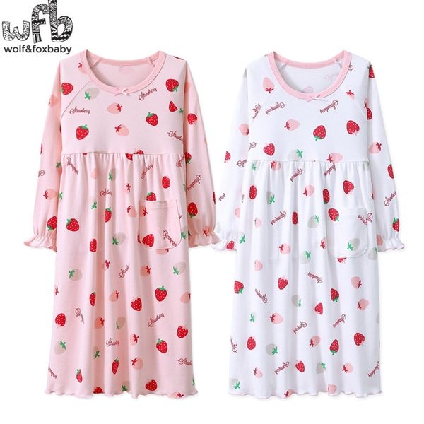 

retail 3-14 years long-sleeves cotton children's home wear nightdress girl baby pajamas autumn fall spring strawberry y200325, Blue;red