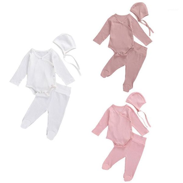 

infant 3pcs ribbed clothes outfit, infant baby girls boys long sleeve solid color romper + long pants + cap, white/ pink/ purple1