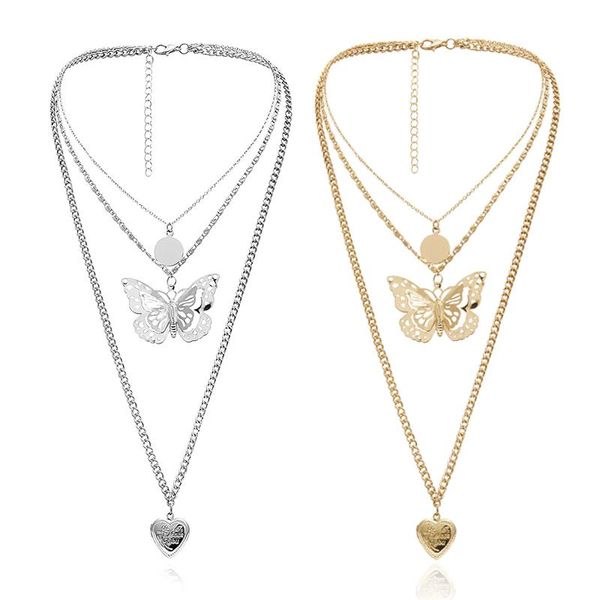 

sweet multi layer golden open love heart pendant necklace statement butterfly hollow choker necklaces for women gifts, Silver