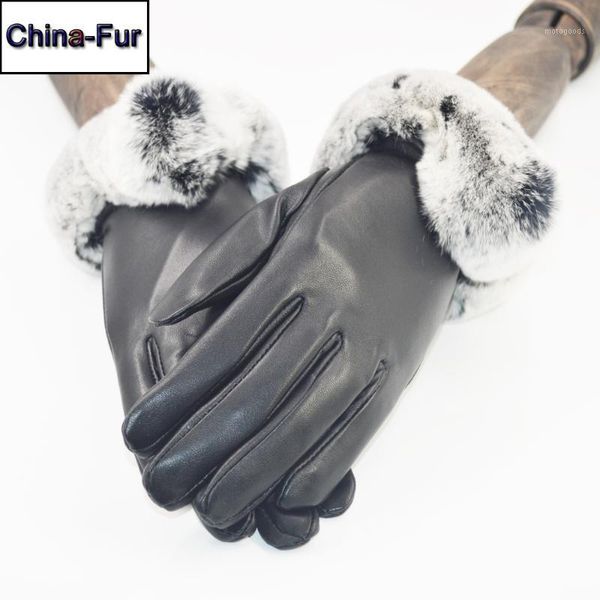 

five fingers gloves 2021 women real genuine sheepskin leather rex fur winter velvet windproof leather1, Blue;gray