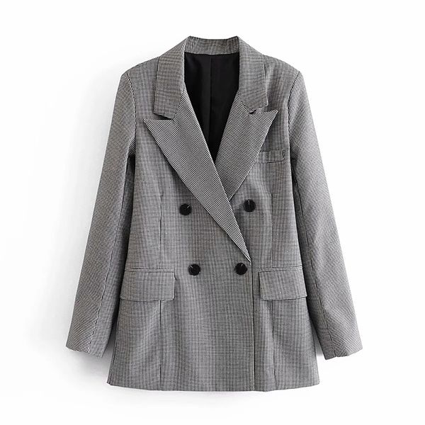 

2021 new women elegant plaid blazer long sleeve double breasted slim check coat office work lattice suit jacket outerwear ihjw, White;black
