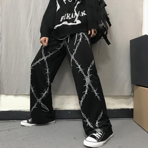 

2020 vintage women pants print high waist straight wide leg trousers casual loose korean fashion new streetwear unisex, Black;white