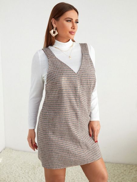 

plus houndstooth wool-mix overall dress without tee s5ec#, Black