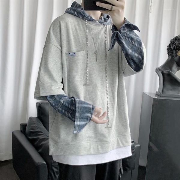 

autumn cotton hoodies men's fashion plaid stitching casual hooded sweatshirt men streetwear loose hip hop pullover hoodie mens1, Black