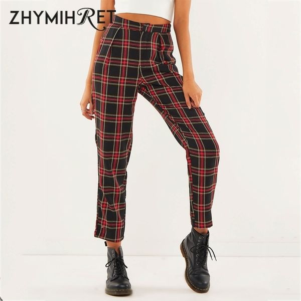 Zhymihret 2019 sonbahar pamuk düz ekose kadın pantolon ayak bileği uzunluğu fermuar capris casual mid bel pantolon pantalon femme t200103