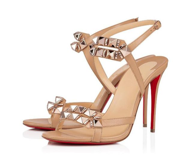 

elegant ladies red bottom hight heel cataclou sandals patent leather studded ladies ankle strap women's pumps party dress eu35-43, Black
