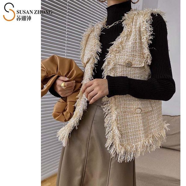 

women vests female waistcoat sleeveless autumn loose straight tweed v-neck single open stitch elegant pockets romantic tassel, Black;white