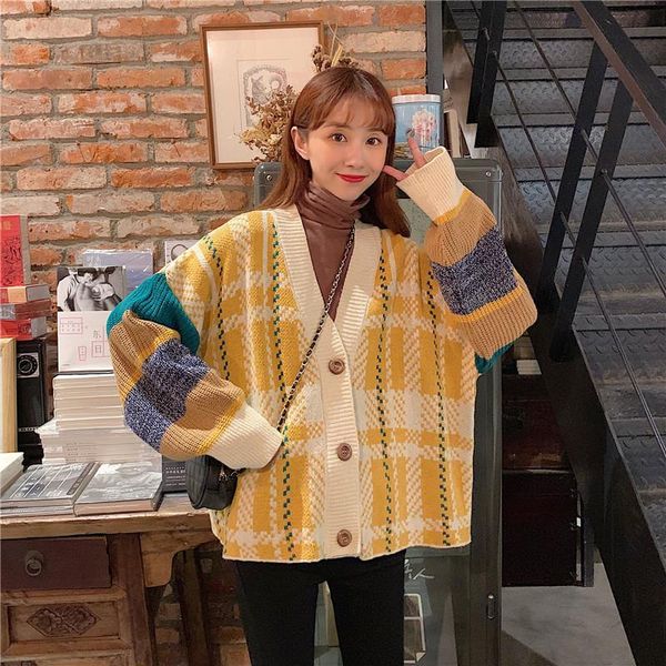 

women's knits & tees women fall sweater cardigans korean vintage casual jacket patchwork knit coat v neck plaid winter warm thick knitw, White