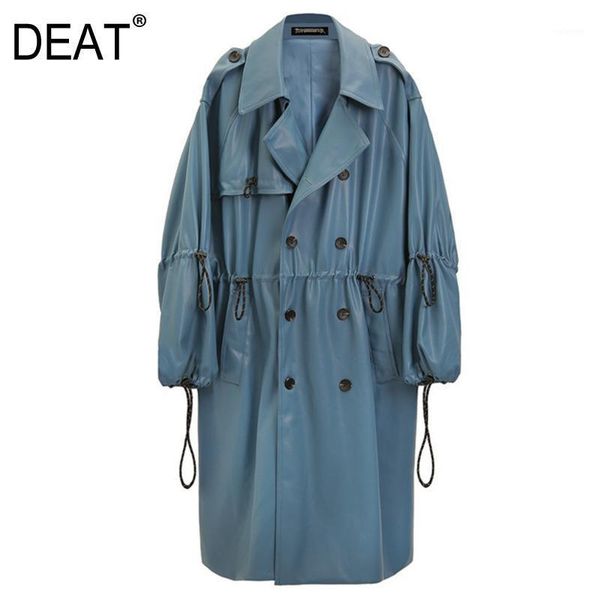

deat[ 2020 new autumn women's trench coat casual full sleeve over size slim drawstring turn-down pu leather mx0441, Black