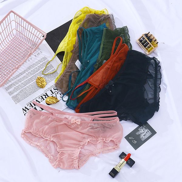 

new style lace underwear women's low waist wooden ear ee mesh transparent breathable fake t-shaped summer thin briefs, Black;pink