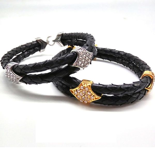 

charm bracelets (10pcs)beichong mens blue 5mm python leather bangle with gold stainless steel clasp leatherjewelry for gift, Golden;silver