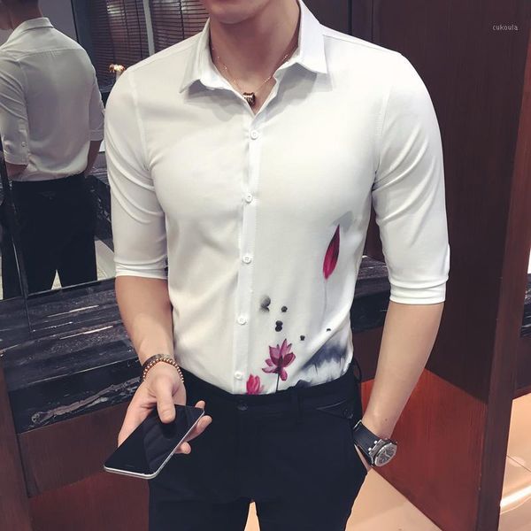 

summer print casual men shirt short sleeve slim fit shirts men dress formal business streetwear social shirt chemise homme1, White;black