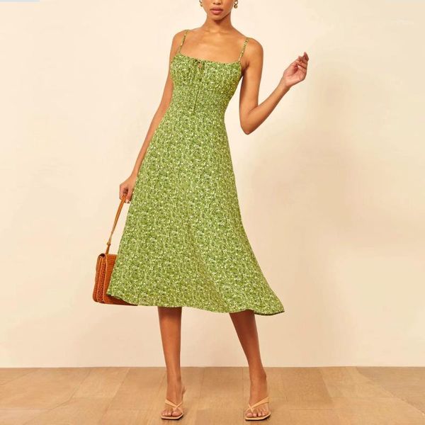 

new women green floral printed maxi long sling dress sleeveless elastic bust elegant casual chic lady female woman dresses1, Black;gray