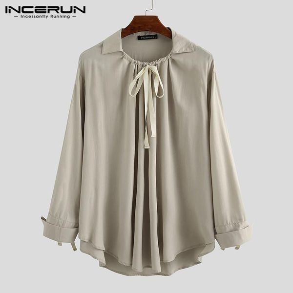 

incerun fashion men casual shirt solid chic long sleeve high street blouse lace up 2021 lapel loose party camisa plus size 5xl, White;black