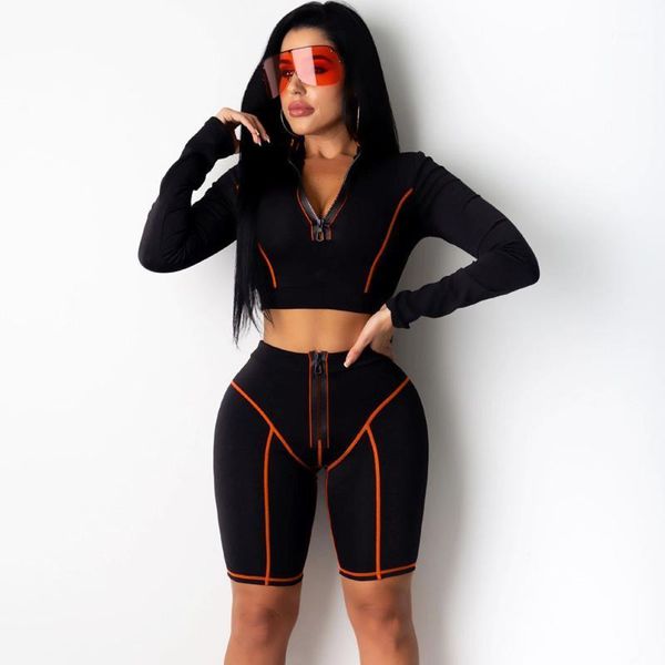 

fitness 2 piece set tracksuit women long sleeve zipper crop and biker shorts set workout sporty active wear matching sets1, Gray