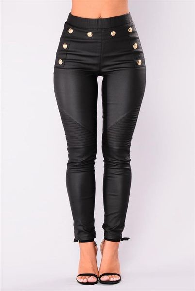 

new women pu leather button decoration pants stretchy push up pencil skinny tight drop shipping good quality, Black;white