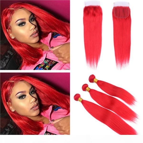 

straight pure red 3bundles brazilian virgin human hair with closure 4pcs lot bright red 4x4 front lace closure with weave wefts, Black;brown