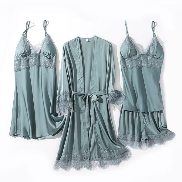 

Sexy Lace Kimono Gown 5PCS Sleep Suit Pajamas For Women Soft Satin Bathrobe Intimate Lingerie Casual Home Clothes Nightwear, Black