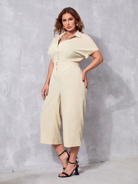 

plus batwing sleeve half button jumpsuit s8ef#, Black
