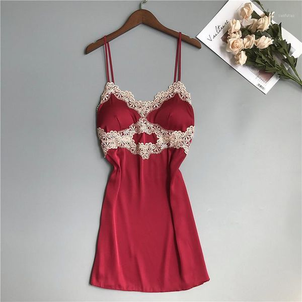 

women satin nightdress sleepwear lace spaghetti strap nightgown intimate lingerie backless homewear bridal wedding gift1, Black;red