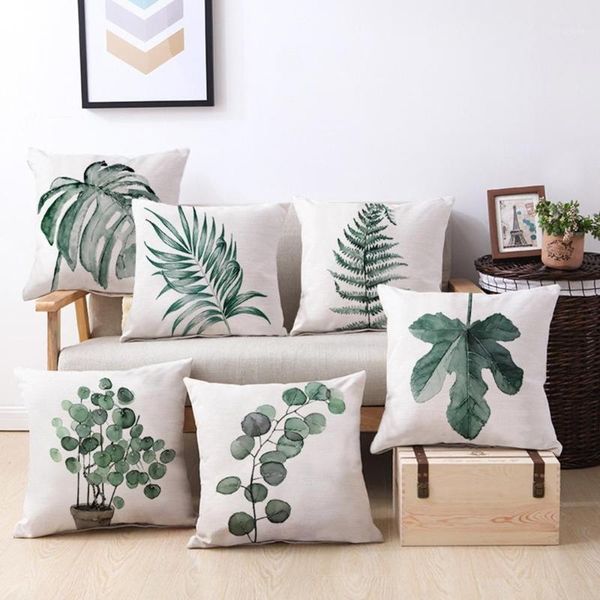 

plant green leaf linen square pillowcase cushion cover 45*45 cm home decor bedroom living room minimalist stylish design pillow case1