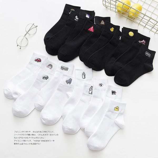 

women socks autumn winter new cotton embroidery cartoon black white tube ladies college wind personality casual sports sock1