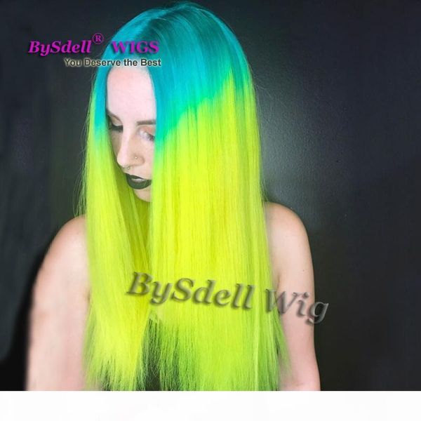 

long straight blue ombre neon green color hair wig synthetic heat resistant remy hair type hair lace front wigs for white women, Black