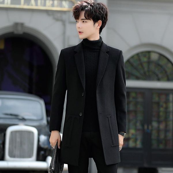 

autumn and winter new fashion medium length 50 woolen coat casual slim solid color simple men's coat, Black
