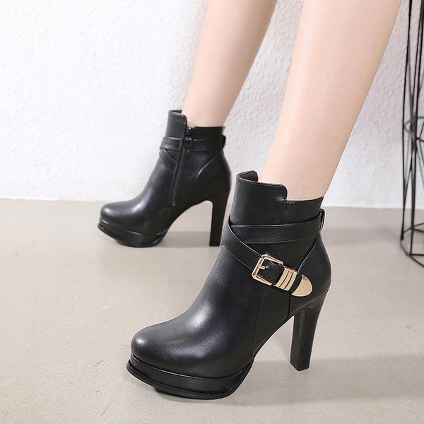 

boots fashion 10cm thick heel short pu leather women, Black