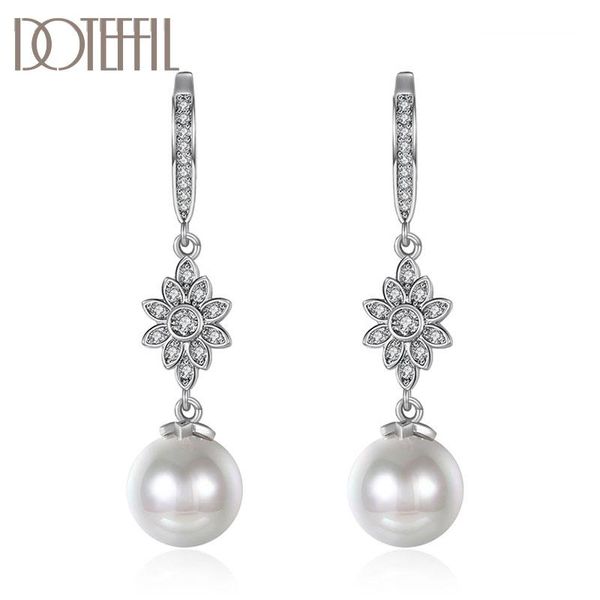 

doteffil 925 sterling silver/18k gold sun flower zircon pearl earrings for women jewelry fashion wedding party gift