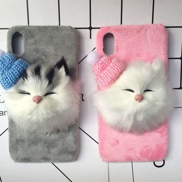 

tfshining lovely diy cat furry warm case for iphone x 8 7 6 s plus xr xs 11 pro max plush hair fur back cover coque shell